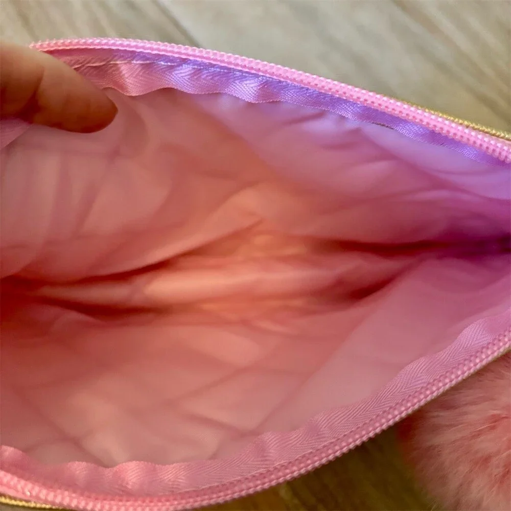 Pastel Ombre Quilted Makeup Bag Wristlet Pouch Zip w/ Pink Pom Pom Charm